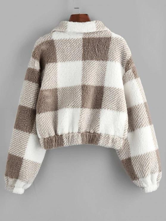 Plaid Drop Shoulder Pocket Teddy Coat - INS | Online Fashion Free Shipping Clothing, Dresses, Tops, Shoes
