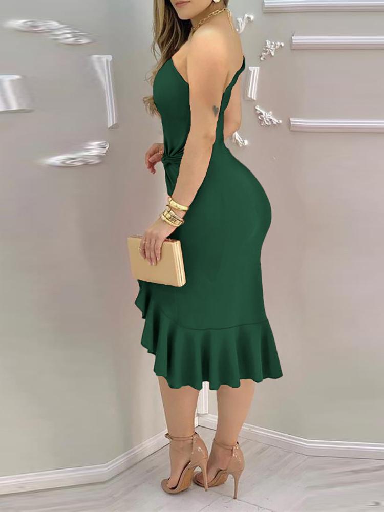 Plain One Shoulder Ruffle Hem Twist Slit Dress - Bodycon Dresses - INS | Online Fashion Free Shipping Clothing, Dresses, Tops, Shoes - 27/04/2021 - Bodycon Dresses - Color_Green