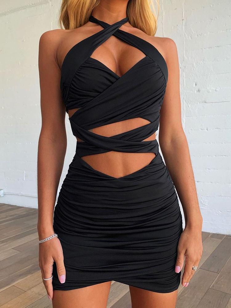 Plain Ruched Cutout Skinny Bodycon Dress - Bodycon Dresses - INS | Online Fashion Free Shipping Clothing, Dresses, Tops, Shoes - 27/04/2021 - Bodycon Dresses - Color_Black