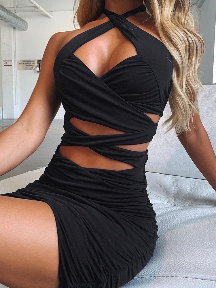 Plain Ruched Cutout Skinny Bodycon Dress - Bodycon Dresses - INS | Online Fashion Free Shipping Clothing, Dresses, Tops, Shoes - 27/04/2021 - Bodycon Dresses - Color_Black