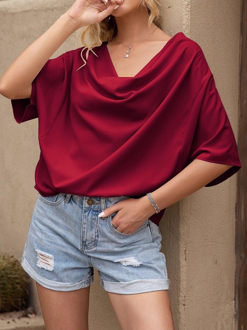 Pleated Drape Solid Color V-neck Short Sleeve Loose Blouses - Blouses - INS | Online Fashion Free Shipping Clothing, Dresses, Tops, Shoes - 16/04/2021 - BLO210416204 - Blouses
