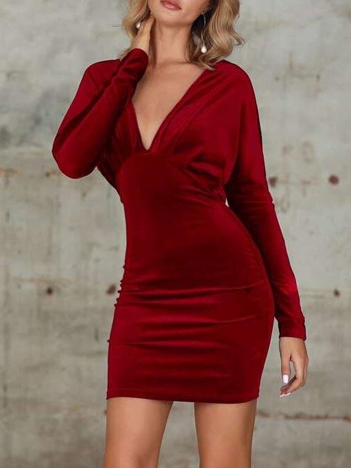 Plunge Neck Batwing Sleeve Velvet Bodycon Dress - Dresses - INS | Online Fashion Free Shipping Clothing, Dresses, Tops, Shoes - Autumn - Bodycon Dresses - Burgundy