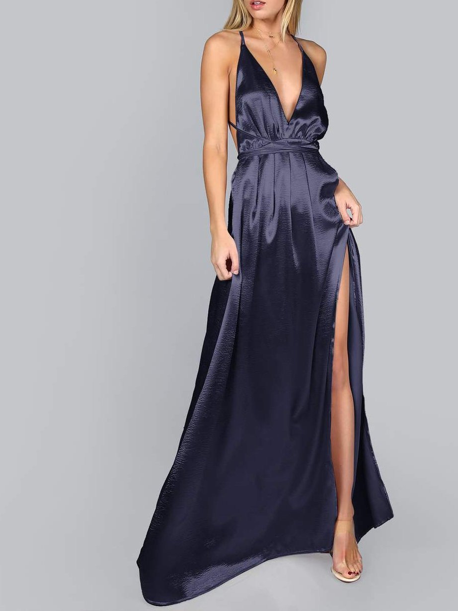 Plunge Neck Crisscross Back Split Thigh Pleated Satin Dress - Maxi Dresses - INS | Online Fashion Free Shipping Clothing, Dresses, Tops, Shoes - 01/27/2021 - Color_Blue - Color_Navy Blue