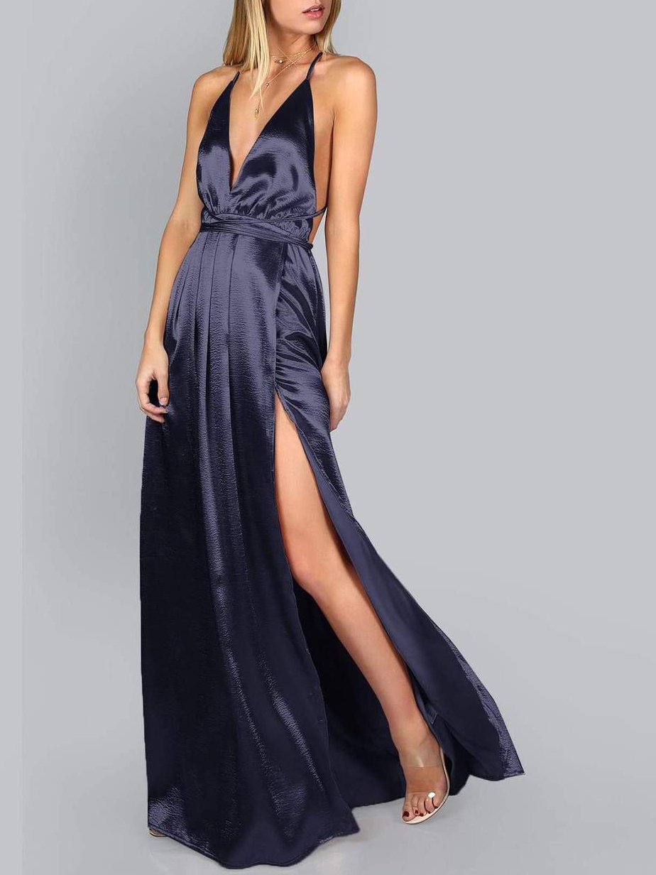 Plunge Neck Crisscross Back Split Thigh Pleated Satin Dress - Maxi Dresses - INS | Online Fashion Free Shipping Clothing, Dresses, Tops, Shoes - 01/27/2021 - Color_Blue - Color_Navy Blue
