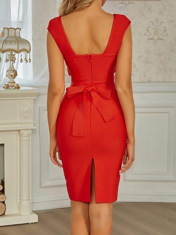 Plunge Neck Tie Back Slit Hem Bandage Dress - Dresses - INS | Online Fashion Free Shipping Clothing, Dresses, Tops, Shoes - 01/29/2021 - Bodycon Dresses - Color_Red