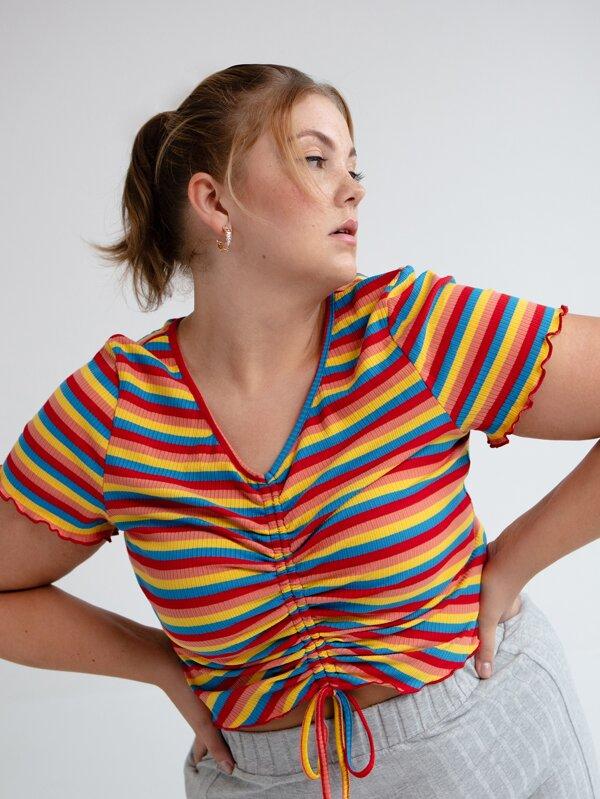 Plus Drawstring Front Rainbow Striped Top - INS | Online Fashion Free Shipping Clothing, Dresses, Tops, Shoes