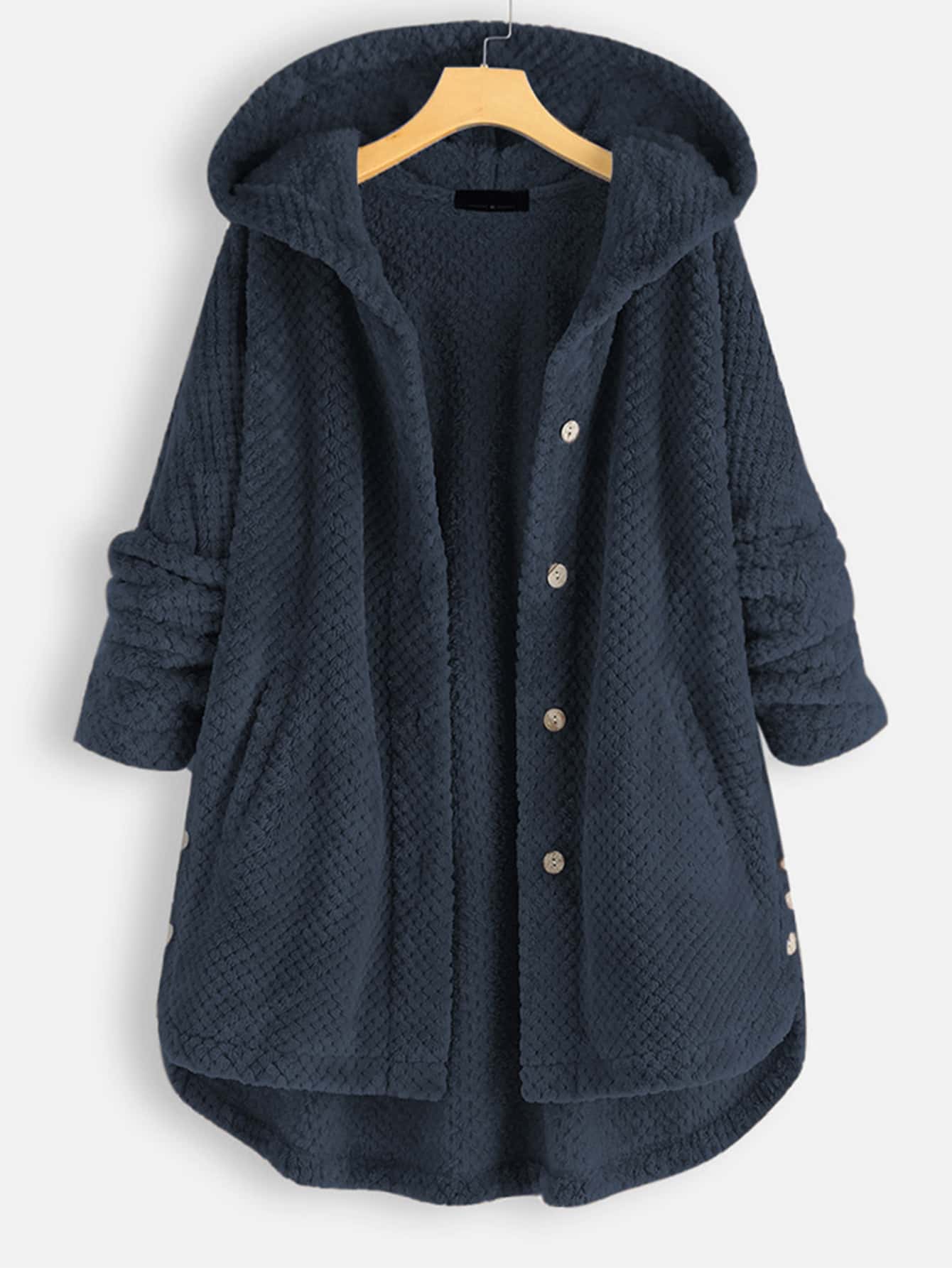 Plus Flannel Single Breasted High Low Hem Hooded Coat - INS | Online Fashion Free Shipping Clothing, Dresses, Tops, Shoes