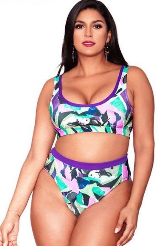 Plus Size Colorful High Waist Crop Bikini Swimsuit - Two Piece Set