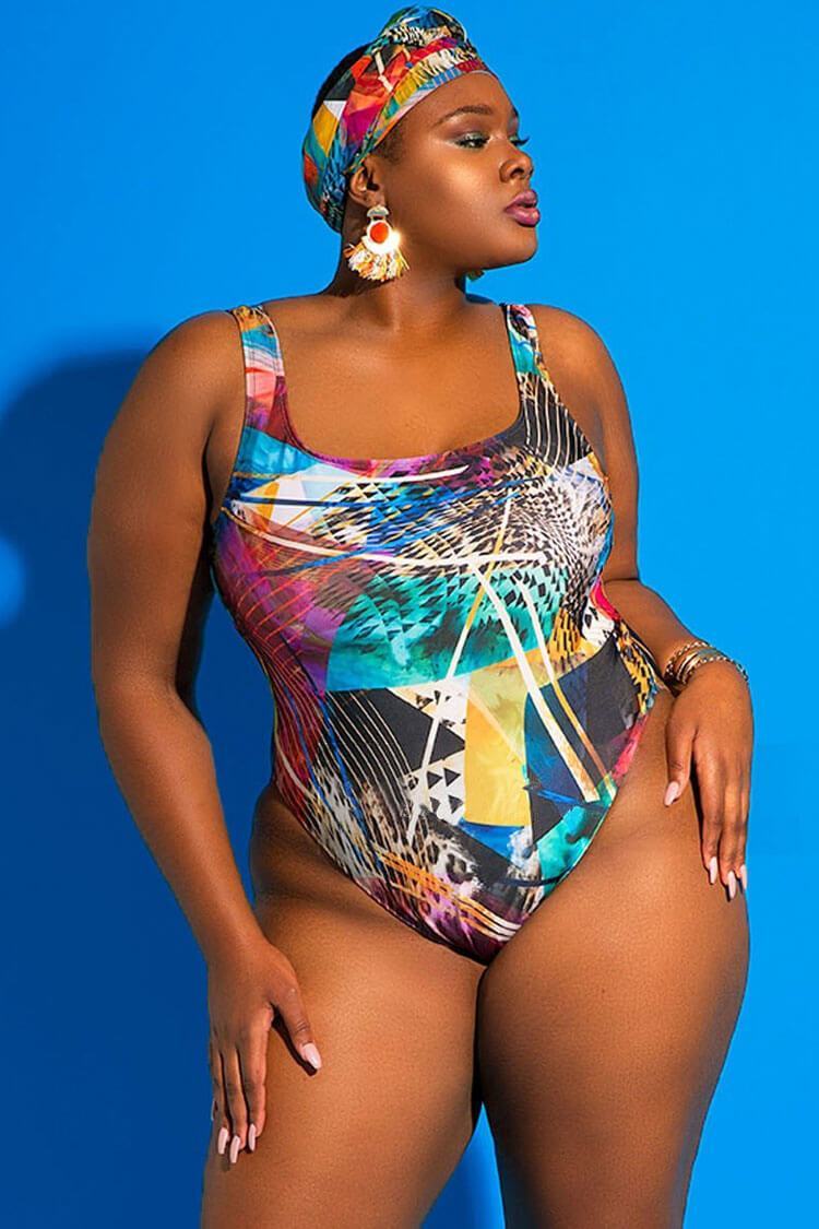 Plus Size Colorful Printed High Leg One Piece Swimsuit