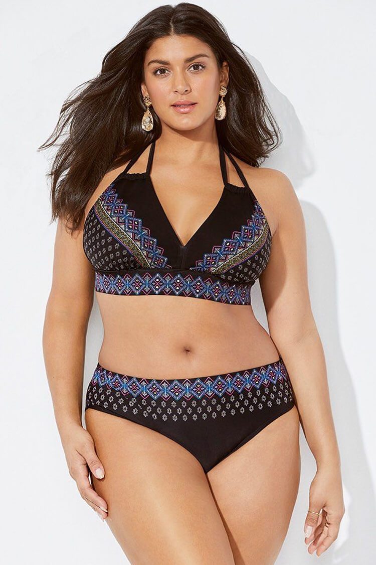 Plus Size Ethnic Print Triangle Halter Bikini Swimsuit - Two Piece Set