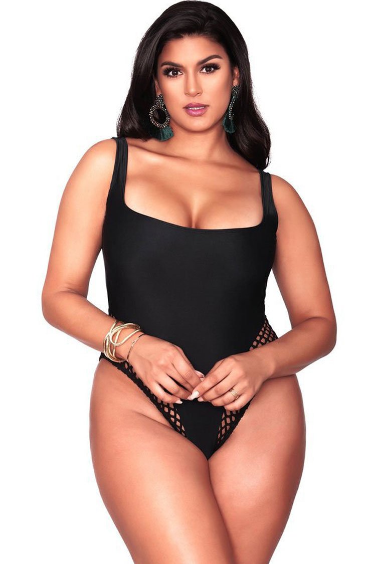 Plus Size Low Back Splicing Openwork One Piece Swimsuit