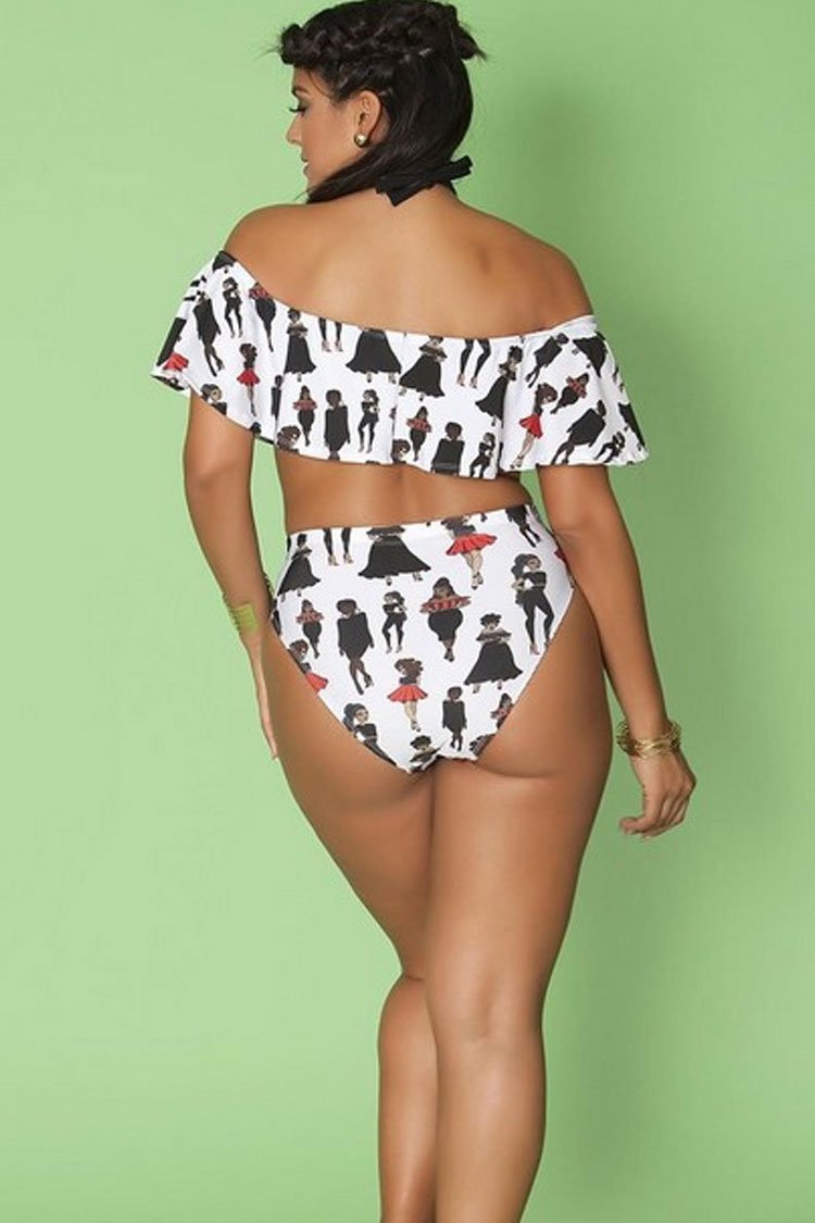 Plus Size Pretty Girl High Waist Halter Ruffle Off Shoulder Bikini Swimsuit - Two Piece Set