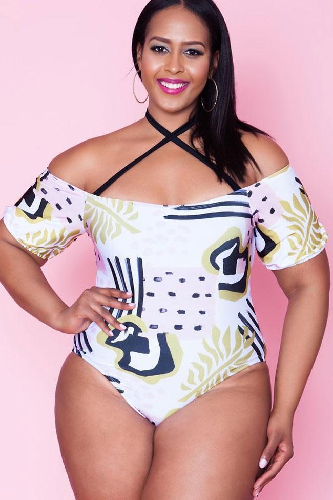 Plus Size Refreshing Off Shoulder Sleeved Halter One Piece Swimsuit