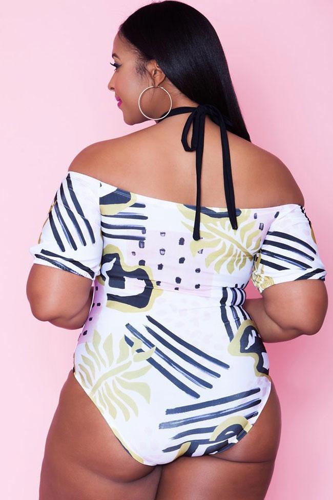 Plus Size Refreshing Off Shoulder Sleeved Halter One Piece Swimsuit