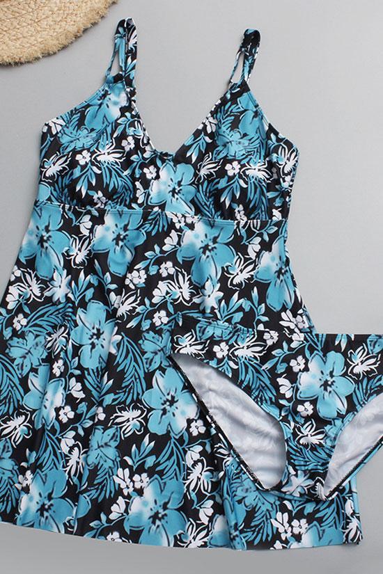 Plus Size Tropical Floral V Neck Bikini Swimdress - Two Piece Set