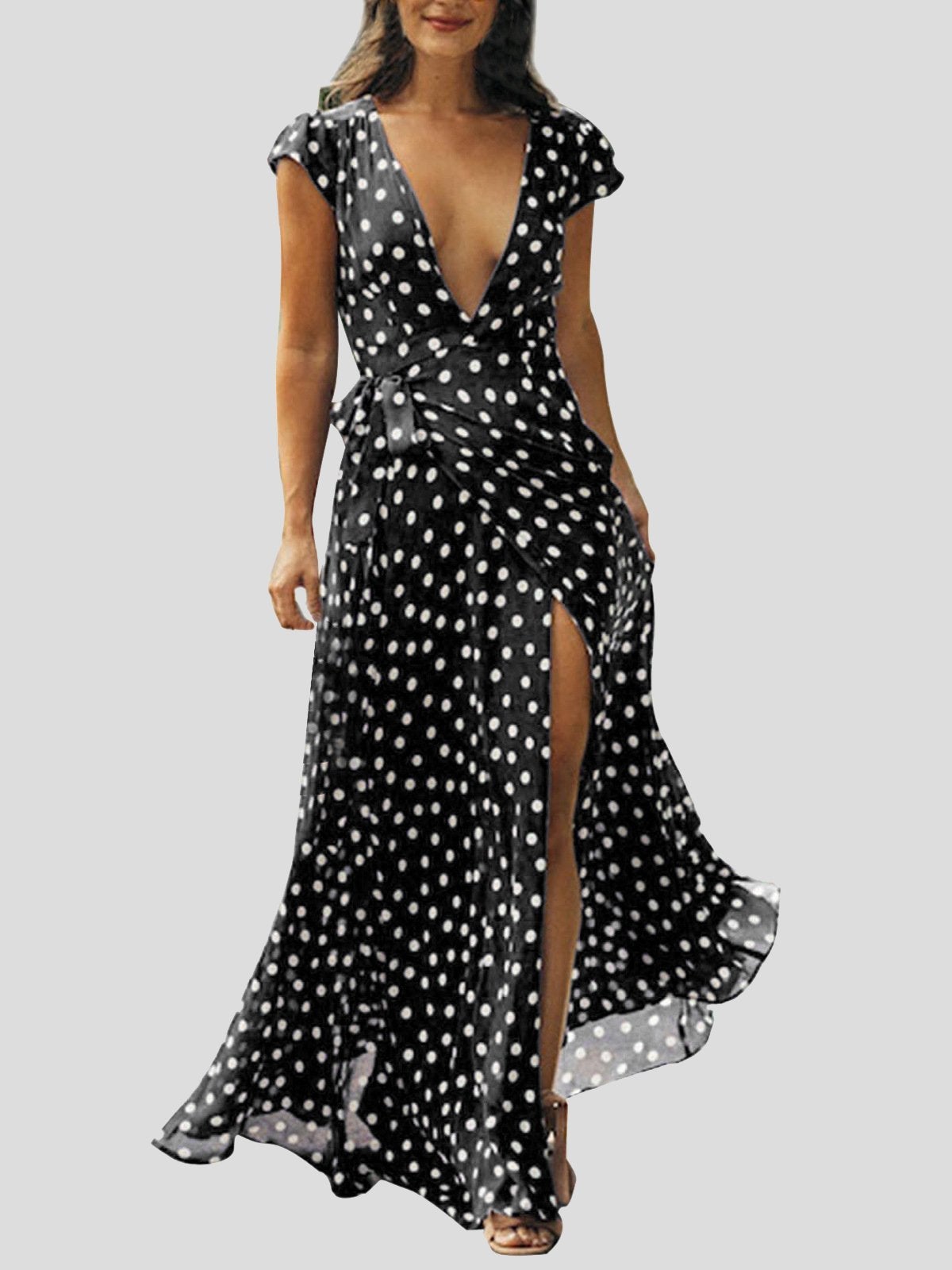 Polka-Dot Short Sleeve Deep V-Neck Slit Beach Dress - Maxi Dresses - INS | Online Fashion Free Shipping Clothing, Dresses, Tops, Shoes - 02/07/2021 - 30-40 - Category_Maxi Dresses