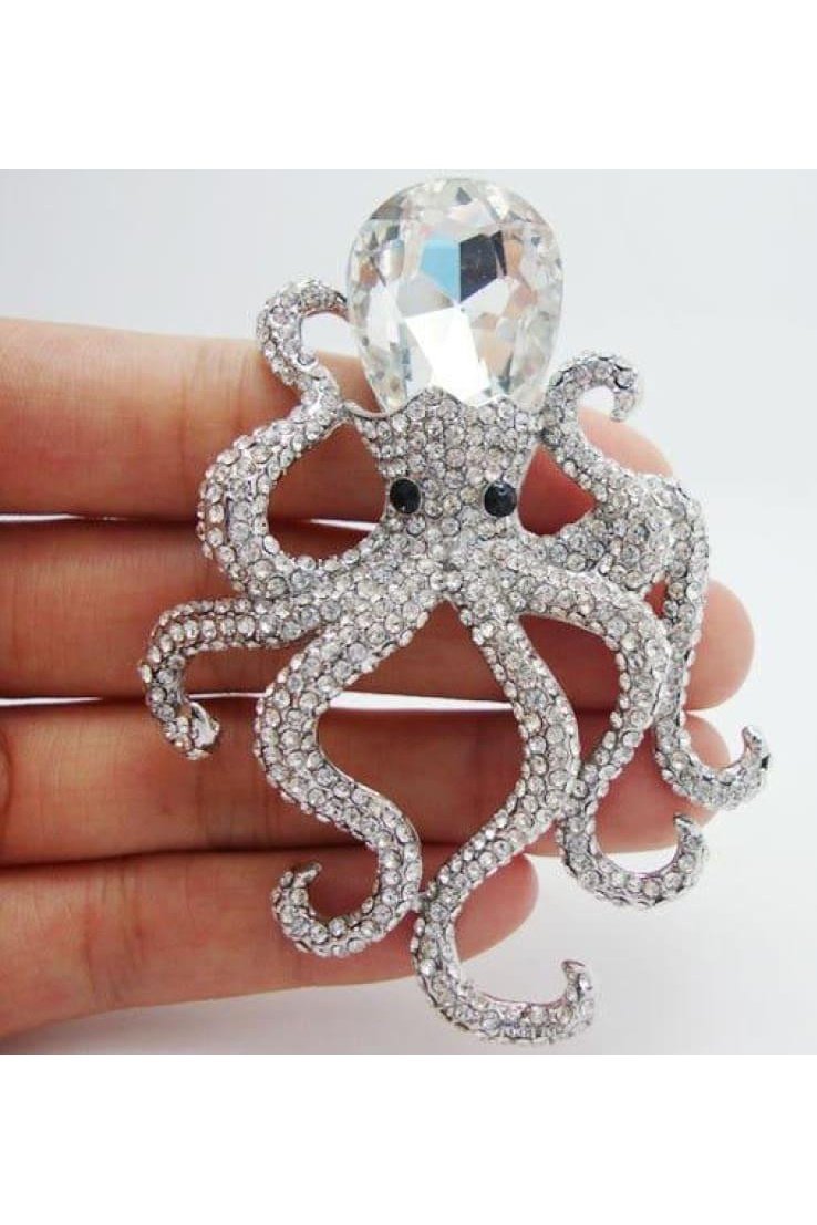 Pretty Elegant Octopus Clear Rhinestone Crystal  Silver-plated Brooch Pins Pendant Unique Gifts for girl