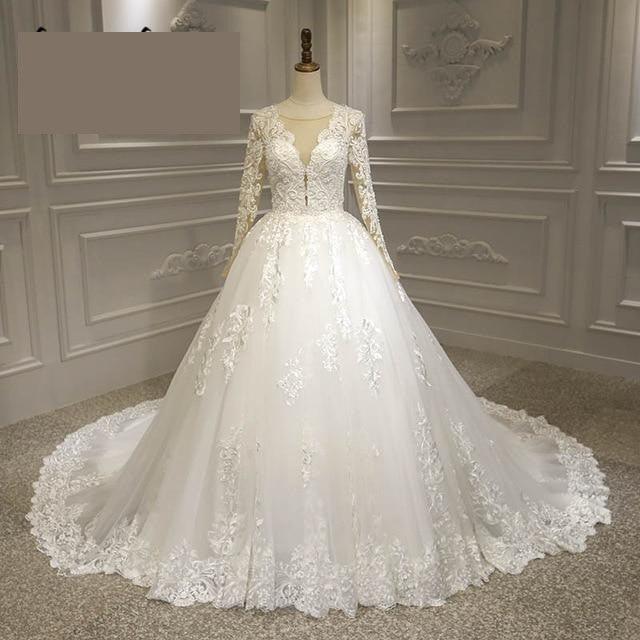 Princess Sheer V Neck Lace Long Sleeve Wedding Dress Bridal Gowns