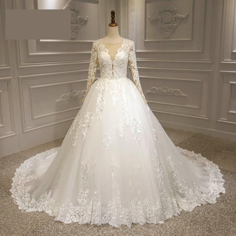 Princess Sheer V Neck Lace Long Sleeve Wedding Dress Bridal Gowns