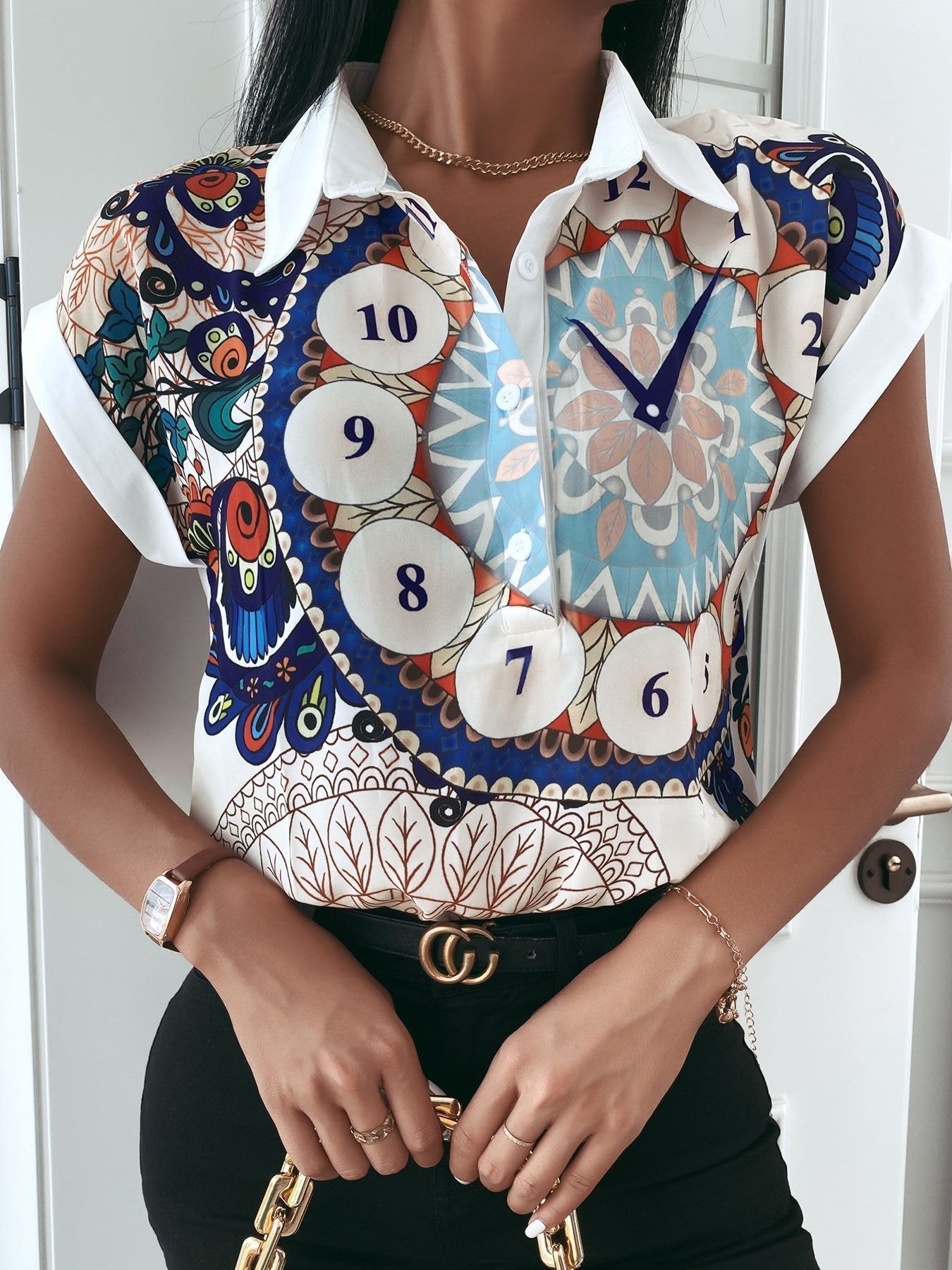 Printed Lapel Chiffon Loose Short Sleeve Blouses - Blouses - INS | Online Fashion Free Shipping Clothing, Dresses, Tops, Shoes - 02/06/2021 - BLO210602306 - Category_Blouses
