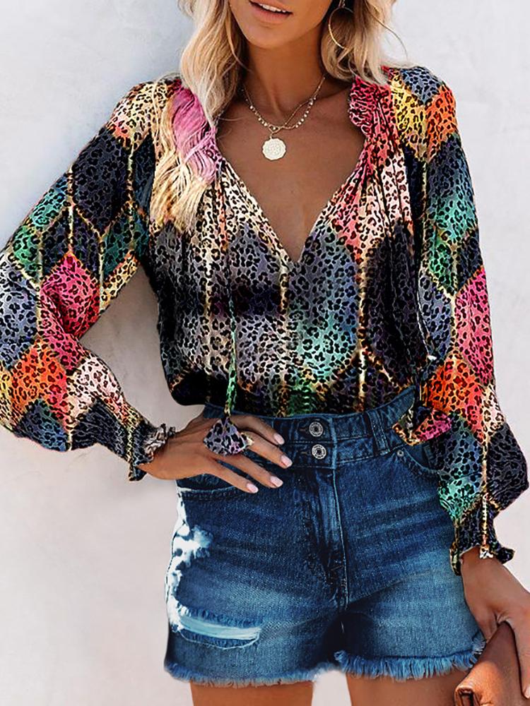 Printed Long Sleeves V Neck Blouses - Blouses - INS | Online Fashion Free Shipping Clothing, Dresses, Tops, Shoes - 07/06/2021 - BLO2106070046 - Blouses