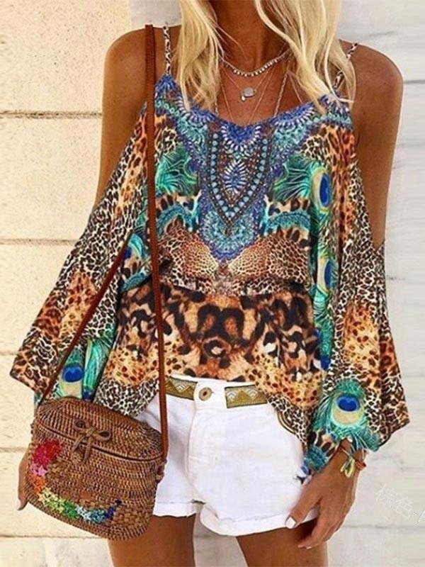 Printed Loose Strapless Long Sleeve Off Shoulder Shirt - Blouses - INS | Online Fashion Free Shipping Clothing, Dresses, Tops, Shoes - 20-30 - 27/07/2021 - BLO2107271283