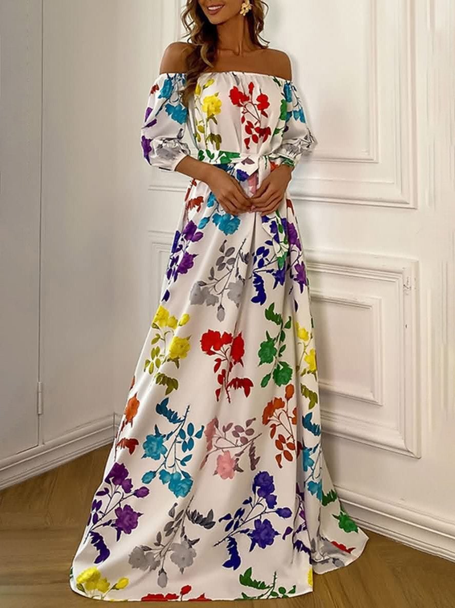 Printed One-Shoulder Five-Sleeve Dress - Maxi Dresses - INS | Online Fashion Free Shipping Clothing, Dresses, Tops, Shoes - 21/07/2021 - 30-40 - Category_Maxi Dresses