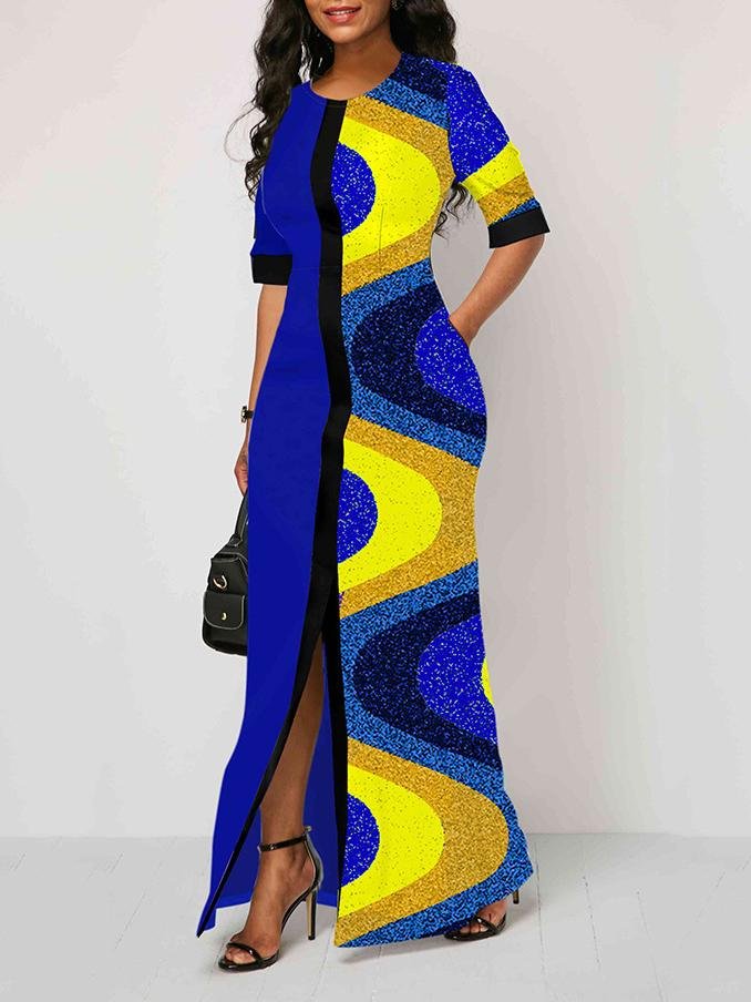 Printed Round Neck Short-sleeved Slit Dress - Maxi Dresses - INS | Online Fashion Free Shipping Clothing, Dresses, Tops, Shoes - 22/06/2021 - 30-40 - color-black