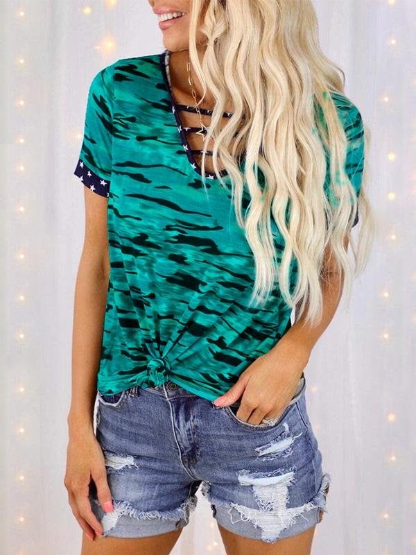 Printed Short-sleeved V-neck Strapped Top - T-shirts - INS | Online Fashion Free Shipping Clothing, Dresses, Tops, Shoes - 02/07/2021 - 10-20 - color-blue
