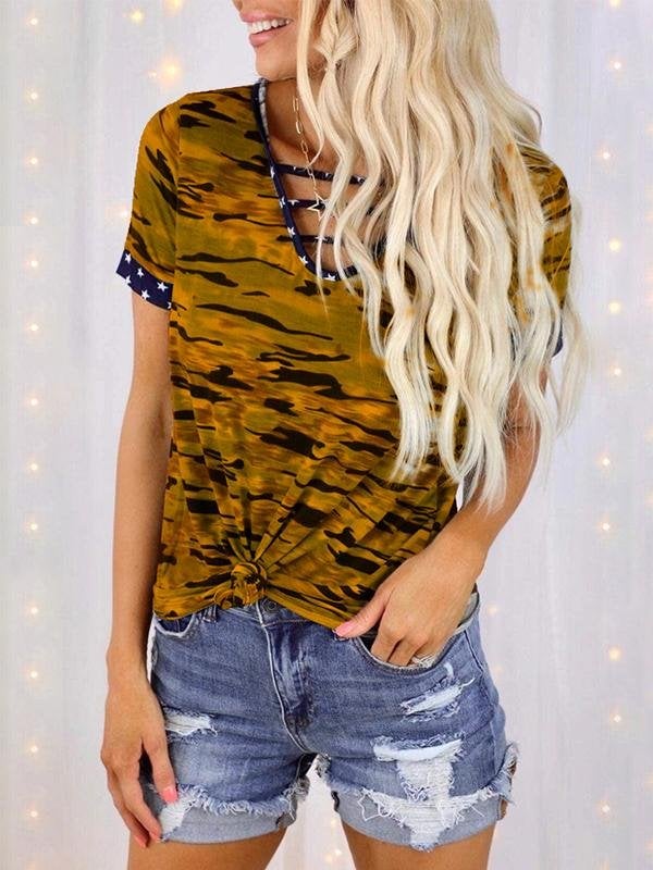 Printed Short-sleeved V-neck Strapped Top - T-shirts - INS | Online Fashion Free Shipping Clothing, Dresses, Tops, Shoes - 02/07/2021 - 10-20 - color-blue