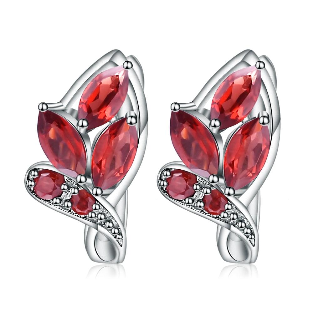 Red Garnet Gemstone Leaf Shape Stud Earrings