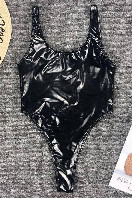 Pu Leather Low Back High Leg Thong One Piece Swimsuit