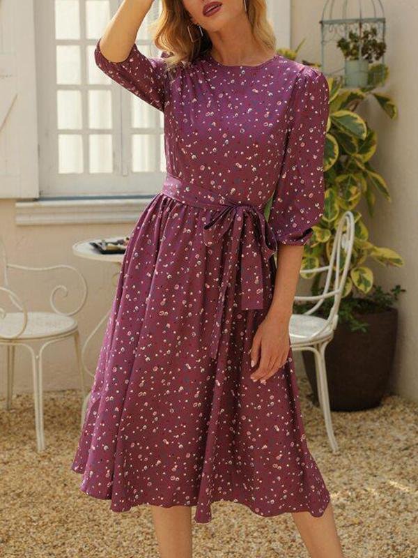 Puff Sleeve Belted Ditsy Floral Dress - Dresses - INS | Online Fashion Free Shipping Clothing, Dresses, Tops, Shoes - 01/28/2021 - Color_Red - Dresses