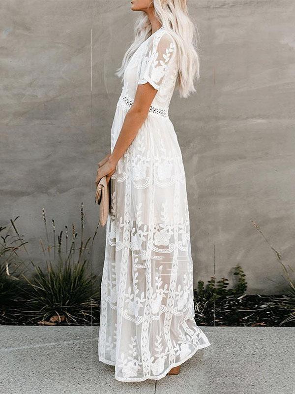 Pure Lace V-neck Short Sleeve Dress - Maxi Dresses - INS | Online Fashion Free Shipping Clothing, Dresses, Tops, Shoes - 20-30 - 25/06/2021 - color-one-set5-pcs