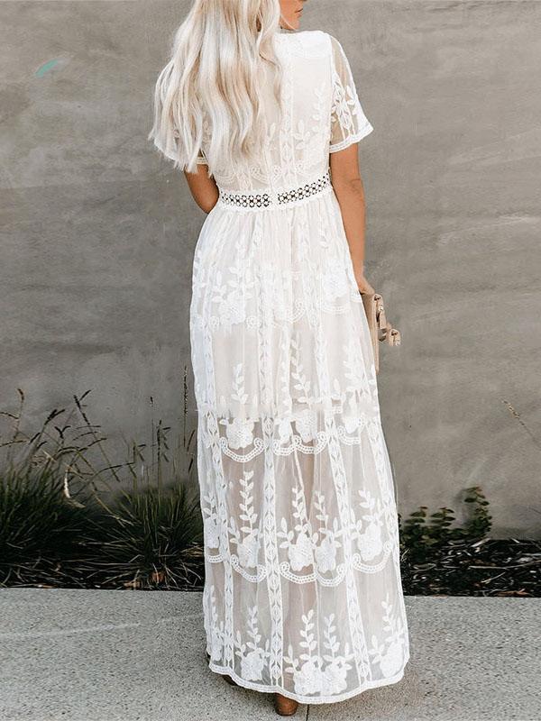 Pure Lace V-neck Short Sleeve Dress - Maxi Dresses - INS | Online Fashion Free Shipping Clothing, Dresses, Tops, Shoes - 20-30 - 25/06/2021 - color-one-set5-pcs
