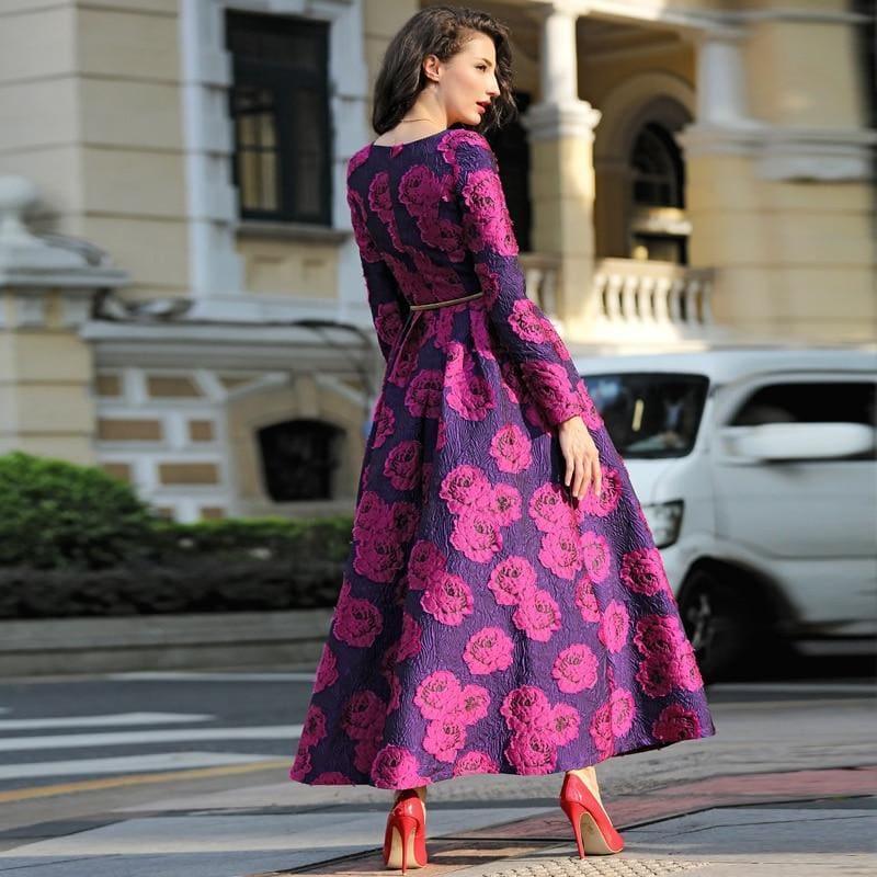 Purple and Fuchsia Long Sleeve Boho Floral Jacquard Dress Fashion Formal Maxi Dress
