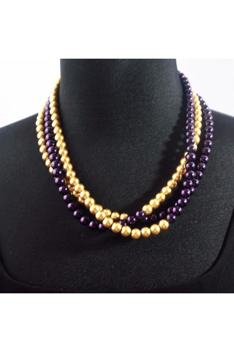 Purple and Gold Color Block Glass Pearls Necklace.