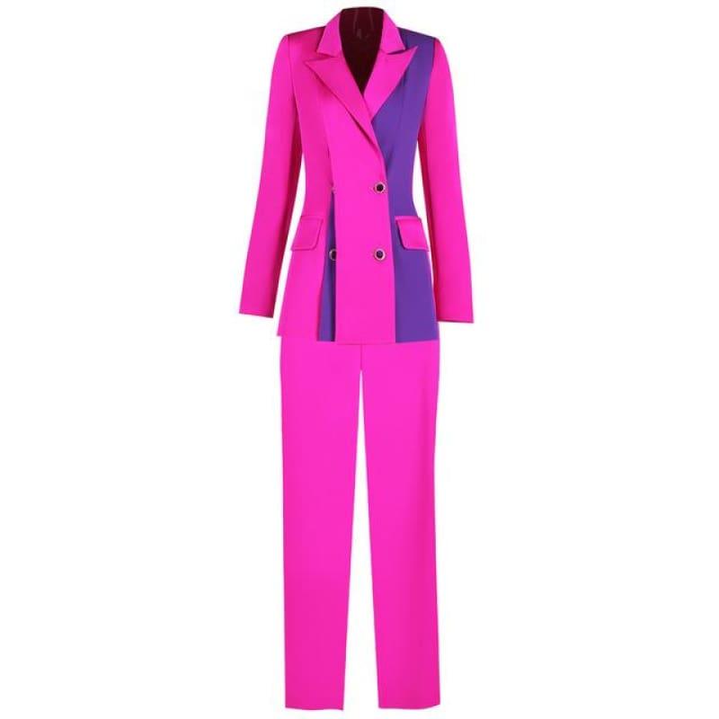Purple Contrast Pattern Blazers Two Piece Suits Set