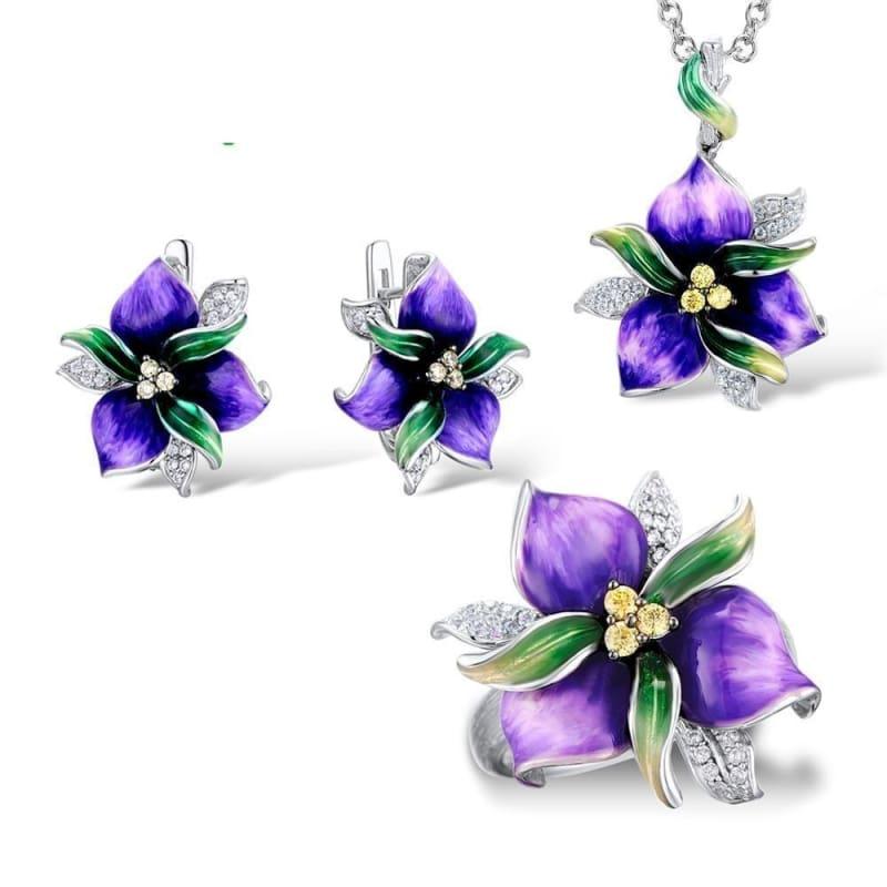 Purple Flower CZ Stones Ring Earrings Pendent 925 Sterling Silver Women Jewelry Set