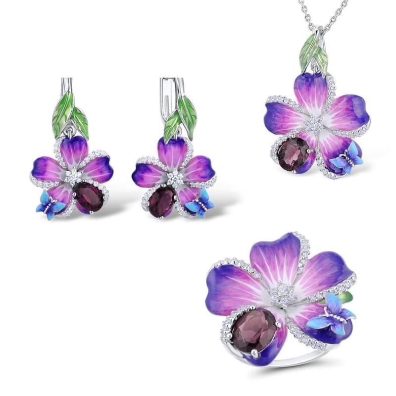 Purple Flower Pendant Ring Set 925 Sterling Silver Chic Fashion Jewelry HANDMADE Enamel Jewelry Set