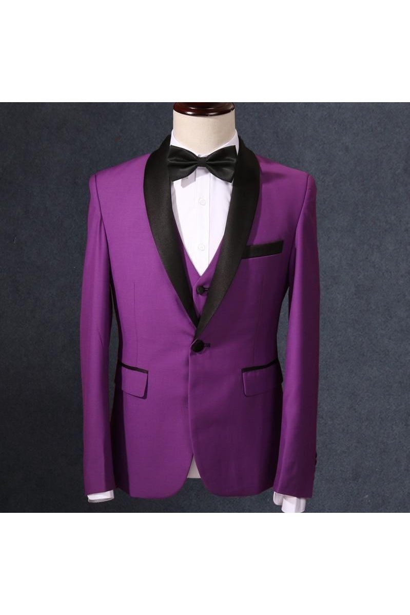 Purple Three Piece Men Shawl Collar Tuxedo Suits