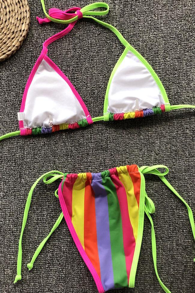 Rainbow Striped Strappy Slide Triangle Bikini Swimsuit - Two Piece Set
