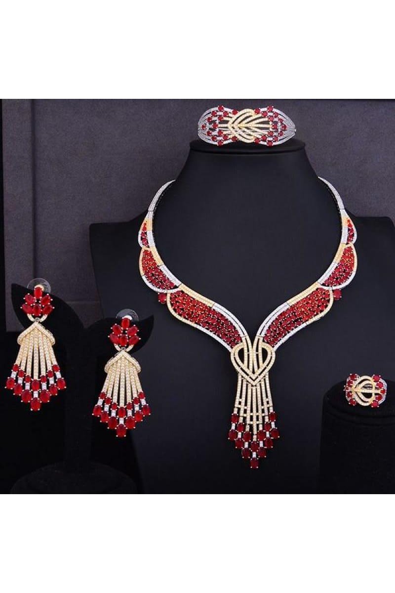 Red Butterfly Flower 4PCS Wedding Zircon Crystal CZ Bridal Lariat Necklace Jewelry Set