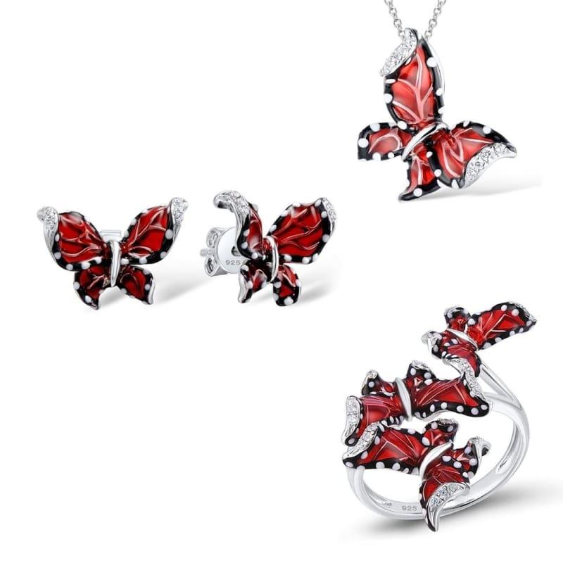 Red Butterfly White CZ Ring Earrings Pendant 925 Sterling Silver Fashion Jewelry Set