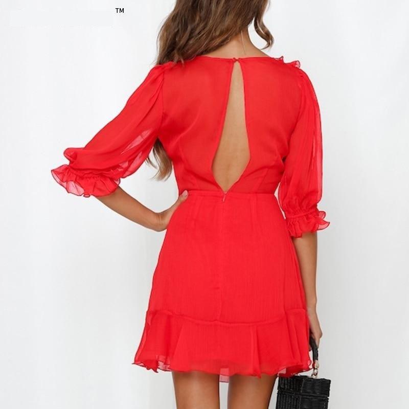 Red Chiffon V-Neck A-line High Waist Backless Mini Dress