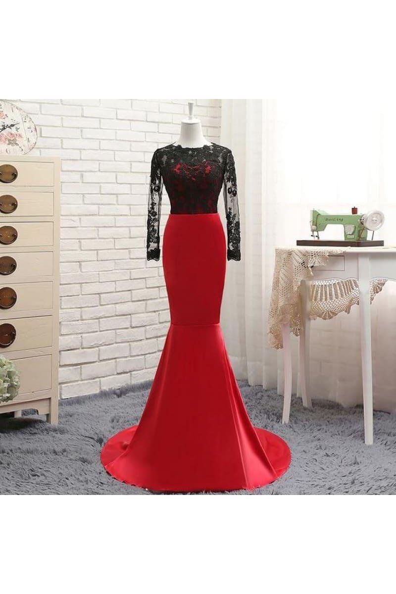 Red Satin With Black Lace Long Sleeve Evening Dress
