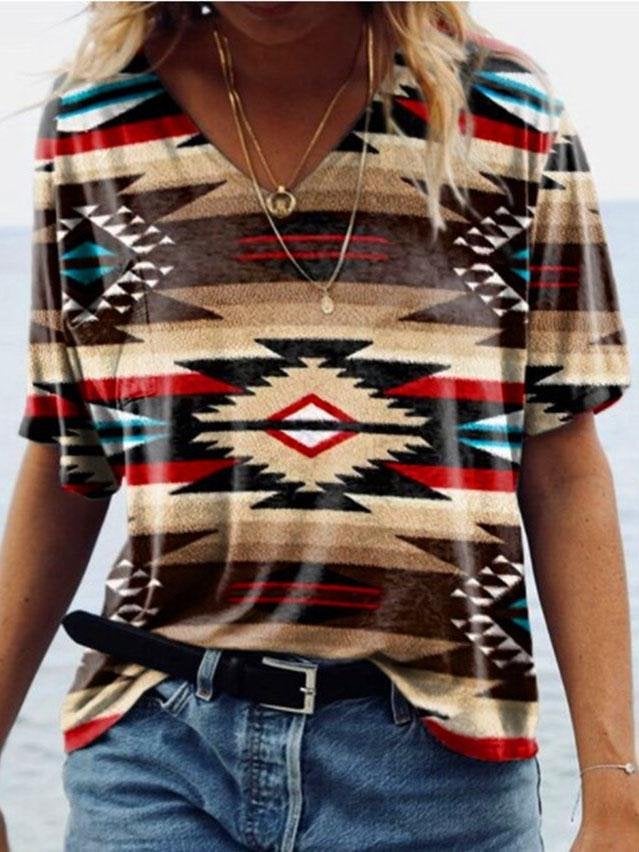 Retro Geometric Print V-neck Short-sleeved Top - T-shirts - INS | Online Fashion Free Shipping Clothing, Dresses, Tops, Shoes - 04/06/2021 - Color_Blue - Color_Brown