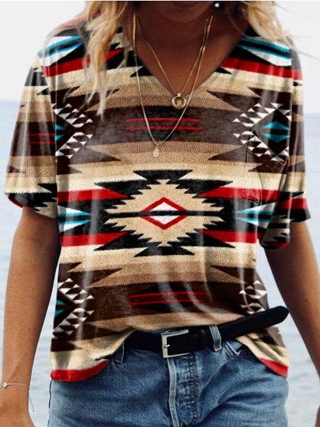 Retro Geometric Print V-neck Short-sleeved Top - T-shirts - INS | Online Fashion Free Shipping Clothing, Dresses, Tops, Shoes - 04/06/2021 - Color_Blue - Color_Brown