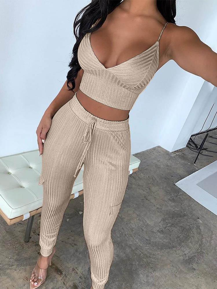 Ribbed Crop Top & Drawstring Pants Set - Two-piece Outfits - INS | Online Fashion Free Shipping Clothing, Dresses, Tops, Shoes - 05/05/2021 - Color_Champagne - SET210505036