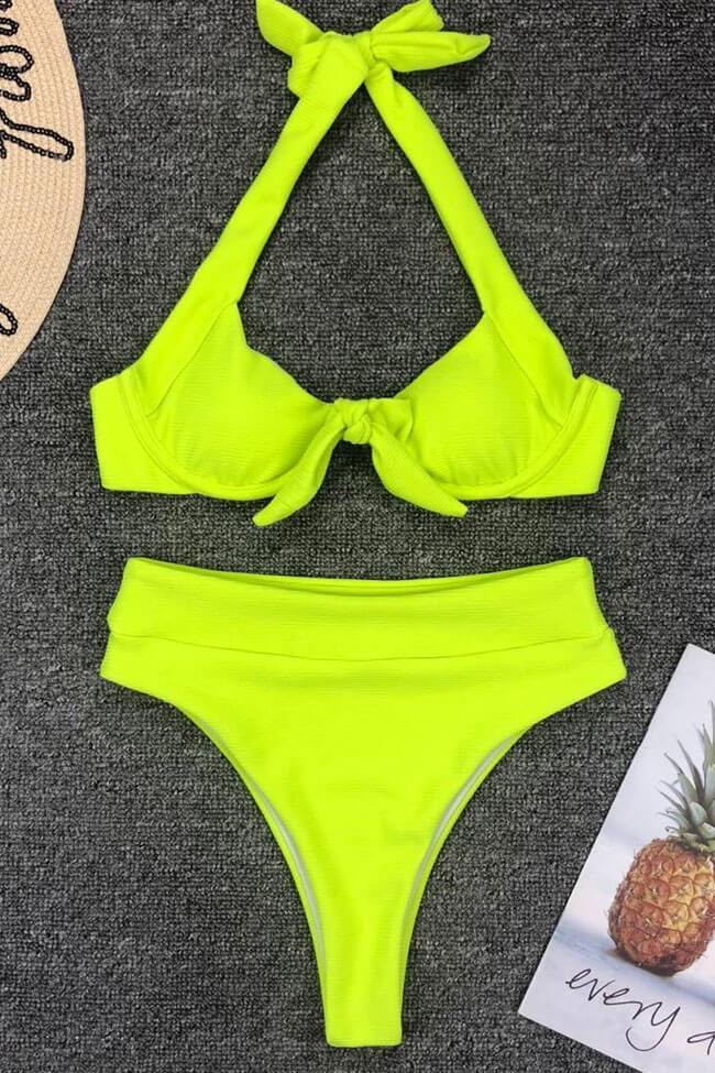 Ribbed High Waisted High Leg Knotted Front Underwire Bikini Swimsuit - Two Piece Set